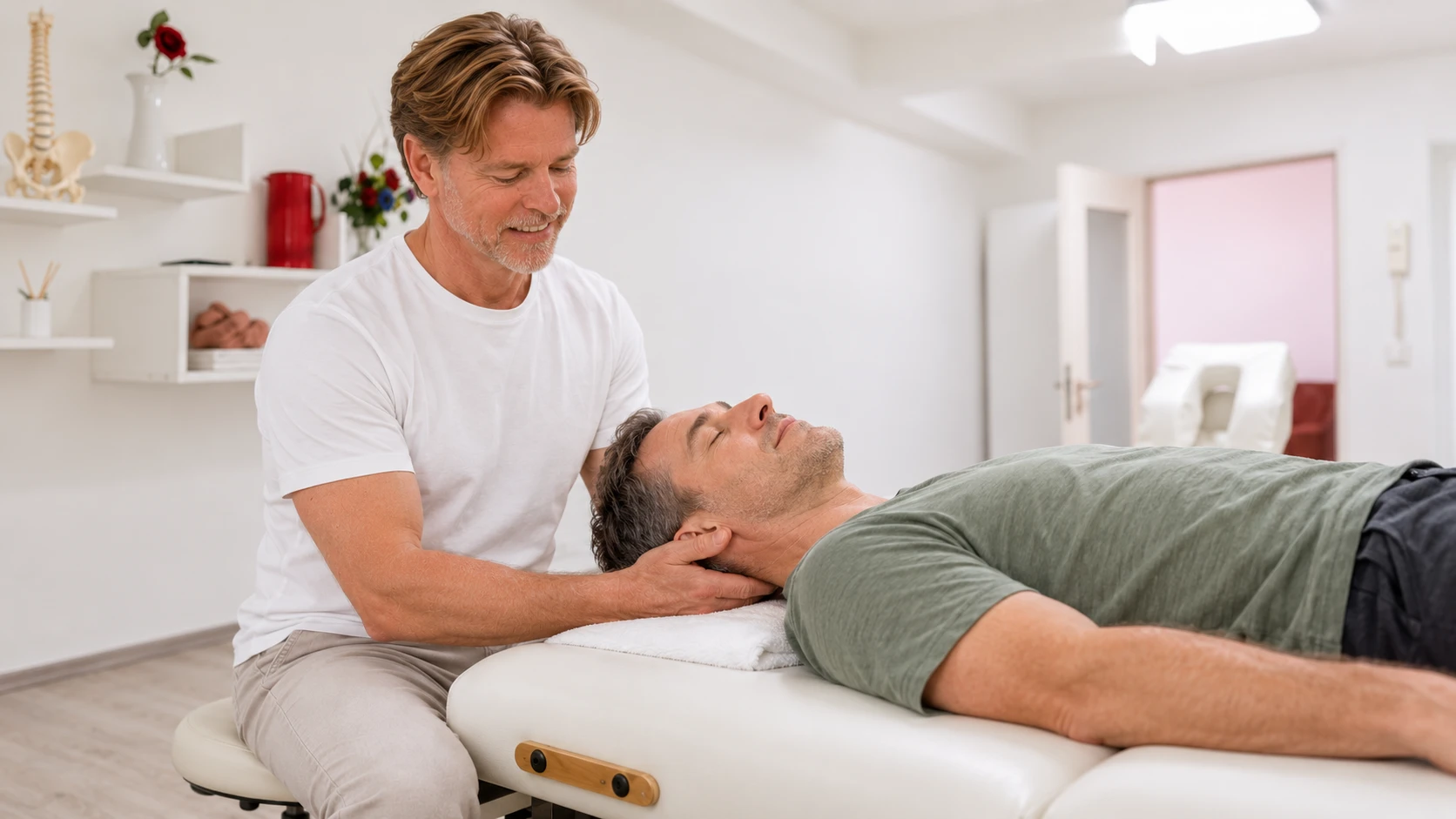 Osteopathische Behandlung am Nacken einer liegenden Patientin in Essen-Bredeney