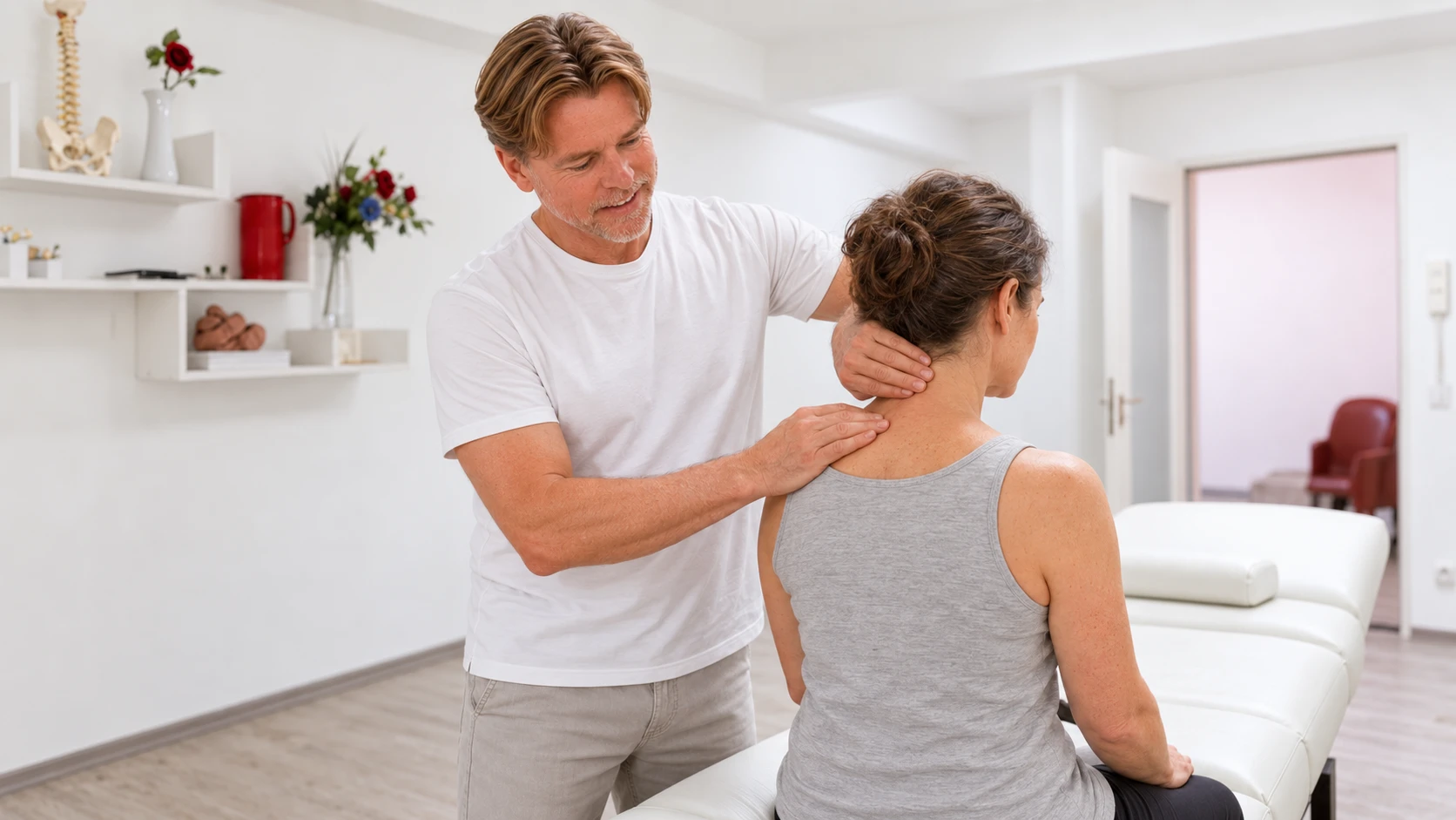 Manuelle Schmerztherapie: Ralf Langenbrink behandelt die Schulter einer Patientin
